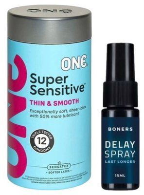 Набор из ONE Super Sensitive Pack 12 шт + Пролонгатор Boners Delay Spray 15 мл SOS9412 фото