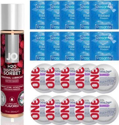 Набір 20 шт Pasante Ribbed та ONE Tattoo Touch + System JO H2O &mdash; Raspberry Sorbet (30 мл) SOS4902 фото