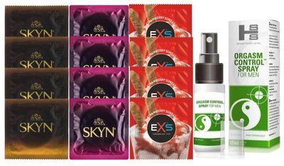 Комплект: Пролонгатор SHS Orgasm Control Spray 15 мл + 8 шт. SKYN + 4 шт. EXS Strawberry SOS10926 фото