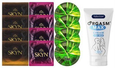 Комплект: Пролонгатор Medica-Group Orgasm Max 50 мл + 8 шт SKYN + 4 шт ONE Glowing SOS10975 фото
