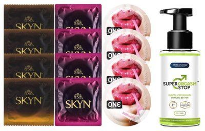 Комплект: Пролонгатор Super Orgasm Stop Гель (150 мл) + 8 шт SKYN + 4 шт 𝐎𝐍𝐄 Bubblegum SOS10776 фото