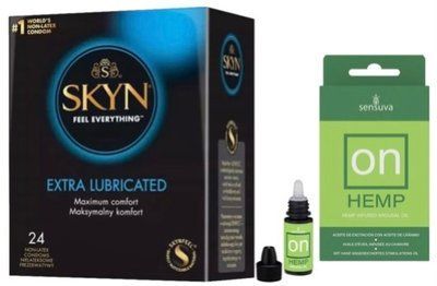 Набор из SKYN Extra Lube (24 шт) + Возбудительные капли Sensuva ON for Her Hemp Infused Arousal Oil (5 мл) SOS10072 фото