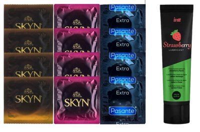 Набір: Смазка Intt Strawberry (100 мл) + 4 шт SKYN Passion дайкири + 4 шт SKYN CHERRY SUNRISE + 4 шт Pasante Extra Safe SOS10372 фото