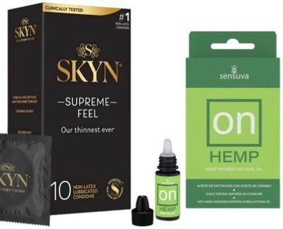 Набор из Skyn ​​Supreme Feel 10 шт + возбуждающие капли Sensuva ON for Her Hemp Infused Arousal Oil (5 мл) SOS10272 фото