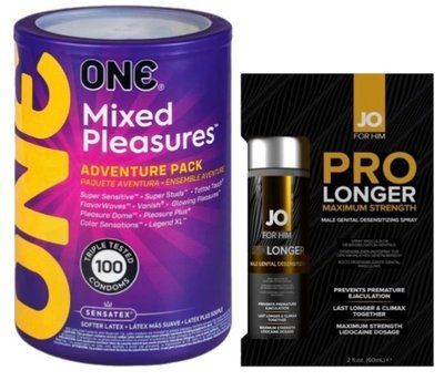 Набор из ONE Mixed Pleasures 100 шт + Пролонгатор JO Prolonger Spray with Lidocaine (60 мл) SOS9462 фото