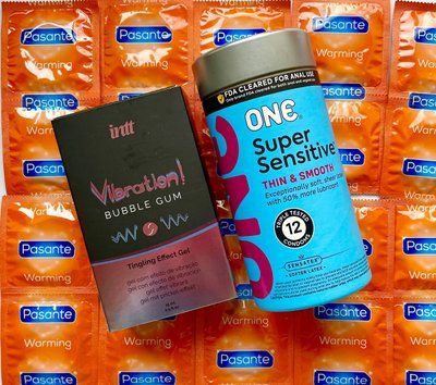 Комплект 24 шт ONE Super Sensitive &ndash; Pasante Warming + Жидкий вибратор Intt Vibration Bubble Gum (15 мл) SOS1563 фото