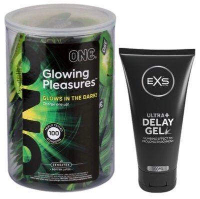 Набор из ONE Glowing Pleasures, 100 шт + Пролонгатор EXS Delay Gel Ultra+ 100ml SOS9562 фото