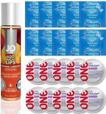 Набір 20 шт Pasante Ribbed та ONE Tattoo Touch + System JO H2O &mdash; Peachy Lips (30 мл) SOS4907 фото