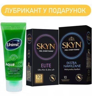 Набор Skyn : Elite 10 шт , Extra Lube 10 шт и Лубрикант Unimil Aqua Aloe 80 мл SOS577 фото
