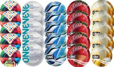 Набор с 25 шт One Extreme ribs + ONE Pleasure Plus + ONE Fresh Mint + ONE Chocolate Strawberry + ONE Banana Split SOS8270 фото