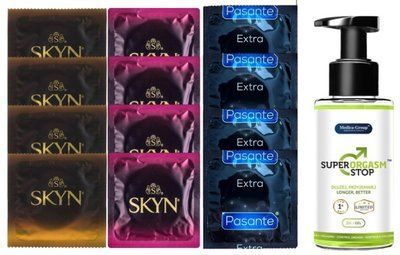 Комплект: Пролонгатор Super Orgasm Stop Гель (150 мл) + 8 шт. SKYN + 4 шт. Pasante Extra Safe SOS10785 фото