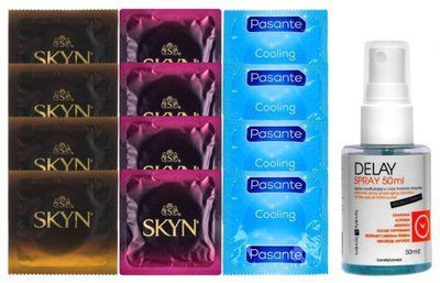 Комплект: Пролонгатор LOVELY LOVERS DELAY SPRAY 50 ML + 8 шт SKYN + 4 шт Pasante Cooling SOS10835 фото