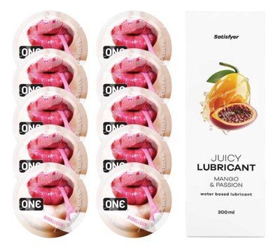 Комплект 𝐎𝐍𝐄 Bubblegum 10 шт. + Лубрикант Satisfyer Juicy Lubricant Mango & Passion (300 мл) SOS12240 фото