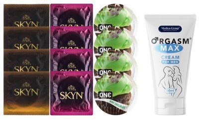 Комплект: Пролонгатор Medica-Group Orgasm Max for Men 50 мл + 8 шт SKYN + 4 шт ONE Mint Chocolate SOS10985 фото