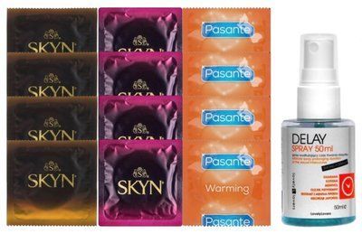 Комплект: Пролонгатор LOVELY LOVERS DELAY SPRAY 50 ML + 8 шт SKYN + 4 шт Pasante Warming SOS10836 фото
