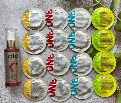 Комплект 16 шт ONE Super Studs, Extreme Ribs, Pleasure Plus, Glowing Pleasures + лубрикант OLO зігріваючий 60 мл SOS2424 фото