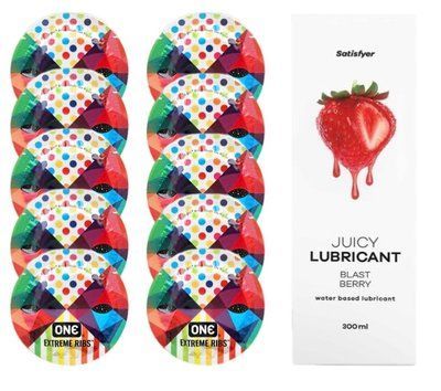 Комплект One Extreme ribs 10 шт. + Лубрикант Satisfyer Juicy Lubricant Blast Berry (300 мл) SOS12141 фото