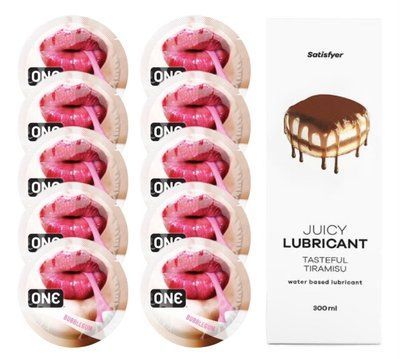 Комплект 𝐎𝐍𝐄 Bubblegum 10 шт. + Лубрикант Satisfyer Juicy Lubricant Tasteful Tiramisu (300 мл) SOS12241 фото