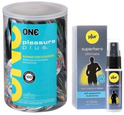 Набор из ONE Pleasure Plus, 100 шт + Пролонгатор pjur Superhero Ultimate Spray 20 мл SOS9122 фото