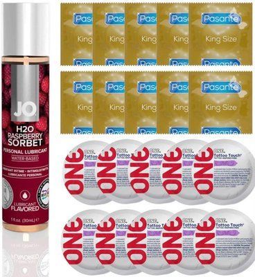 Набір 20 шт Pasante King Size та ONE Tattoo Touch + System JO H2O &mdash; Raspberry Sorbet (30 мл) SOS4908 фото
