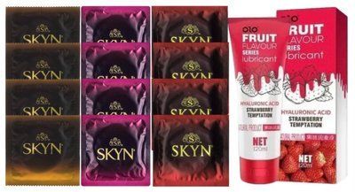 Комплект: Лубрикант OLO со вкусом клубники (120 мл) + 8 шт. SKYN + 4 шт. SKYN Intense Feel SOS10637 фото