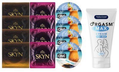 Комплект: Пролонгатор Medica-Group Orgasm Max 50 мл + 8 шт SKYN + 4 шт ONE Island Punch SOS10986 фото