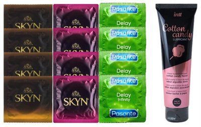 Комплект: Лубрикант Intt Cotton Candy (100мл) + 8 шт. SKYN+4 шт. Pasante Delay Infinity SOS10435 фото