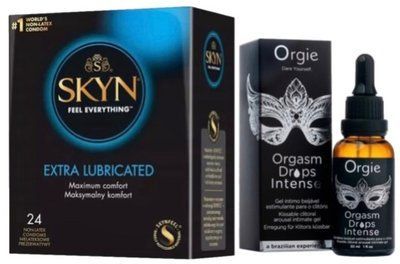 Набор из SKYN Extra Lube (24 шт) + Возбудительные капли Orgie Orgasm Drops Intense (30 мл) SOS10083 фото