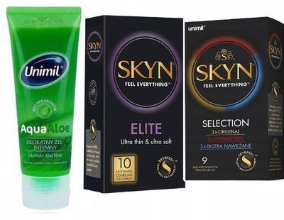 Набор Skyn : Elite 10 шт , Selection 9 шт и Лубрикант Unimil Aqua Aloe 80 мл SOS579 фото