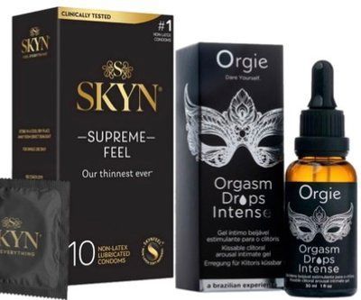 Набор из Skyn ​​Supreme Feel 10 шт + Возбудительные капли Orgie Orgasm Drops Intense (30 мл) SOS10283 фото