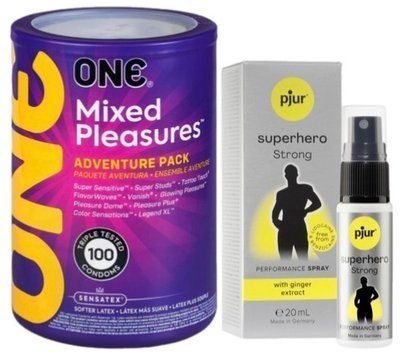 Набор из ONE Mixed Pleasures 100 шт + Пролонгатор pjur Superhero Strong Spray 20 ml SOS9473 фото