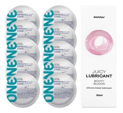Комплект 𝐎𝐍𝐄 𝐏𝐥𝐮𝐬 10 шт. + Лубрикант Satisfyer Juicy Lubricant Booty Silicon (150 мл) SOS12342 фото