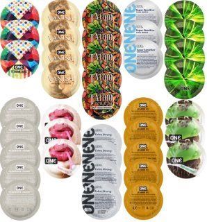 Набор с 39 шт ONE Extreme Ribs + ONE Vanish + ONE Tattoo + ONE Sensitive + ONE Glowing + ONE Pleasure Dome + ONE Bubblegum + ONE Extra Strong + ONE Legend XL + ONE Mint Chocolate SOS8323 фото
