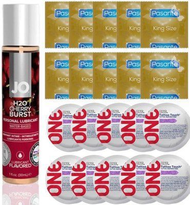 Набір 20 шт Pasante King Size та ONE Tattoo Touch + System JO H2O &mdash; Cherry Burst (30 мл) SOS4909 фото