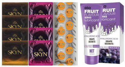 Комплект: Лубрикант OLO со вкусом винограда (120 мл) + 8 шт. SKYN + 4 шт. EXS Delay SOS10688 фото