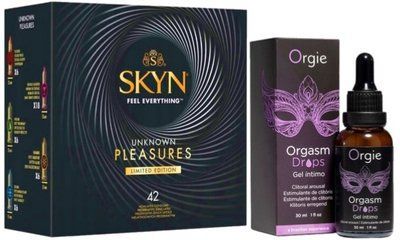 Набор из SKYN Pleasures (42 шт) + капли с вибрацией Orgie Orgasm Drops (30 мл) SOS10034 фото