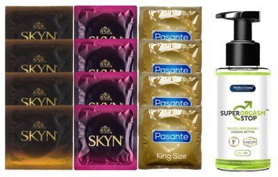 Комплект: Пролонгатор Super Orgasm Stop Гель (150 мл) + 8 шт. SKYN + 4 шт. Pasante King Size SOS10788 фото