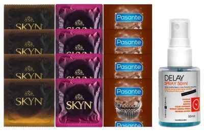 Комплект: Пролонгатор LOVELY LOVERS DELAY SPRAY 50 ML + 8 шт SKYN + 4 шт Pasante Chocolate SOS10838 фото