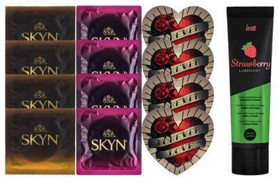 Комплект: Смазка Intt Strawberry (100 мл) + 8 шт SKYN + 4 шт Pasante Heart SOS10384 фото