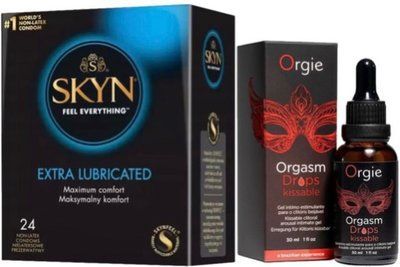 Набор из SKYN Extra Lube (24 шт) + Возбудительные капли Orgie Orgasm Drops Kissable (30 мл) SOS10084 фото