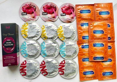 Набор 22 шт ONE Flavor Waves, Super Sensitive, Extreme ribs , Super Studs - Pasante Warming + Intt Deep Throat Oral Spray (12 мл) SOS1825 фото