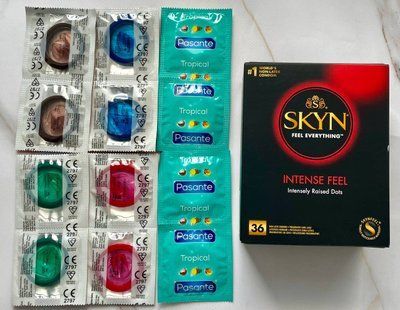 Набір Skyn Intense Feel 36 шт + Pasante Tropical 4 шт + Pasante Mint, Blueberry, Strawberry, Chocolate 8 шт SOS3026 фото