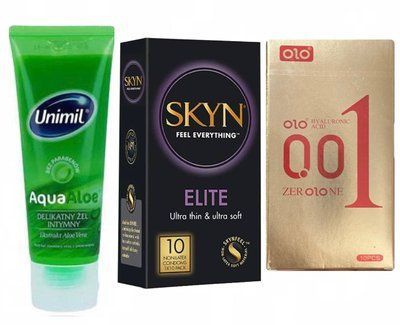 Набор Skyn Elite 10 шт , OLO Gold 001 и Лубрикант Unimil Aqua Aloe 80 мл SOS580 фото