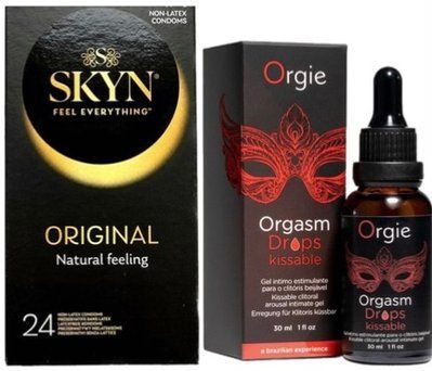 Набор из SKYN ORIGINAL 24 шт + Возбудительные капли Orgie Orgasm Drops Kissable (30 мл) SOS9984 фото