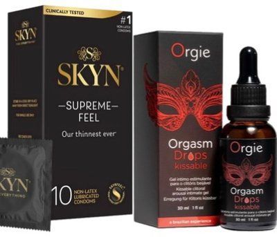Набор из Skyn ​​Supreme Feel 10 шт + Возбудительные капли Orgie Orgasm Drops Kissable (30 мл) SOS10284 фото