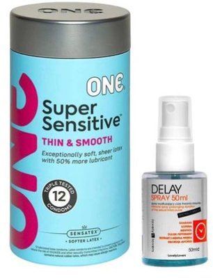 Набор из ONE Super Sensitive Pack 12 шт + Пролонгатор LOVELY LOVERS DELAY SPRAY 50 ML SOS9425 фото