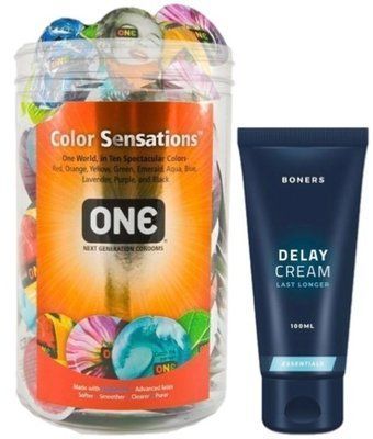 Набор из ONE Color Sensations 100 шт + Пролонгатор Boners Delay Cream 100 мл SOS9175 фото