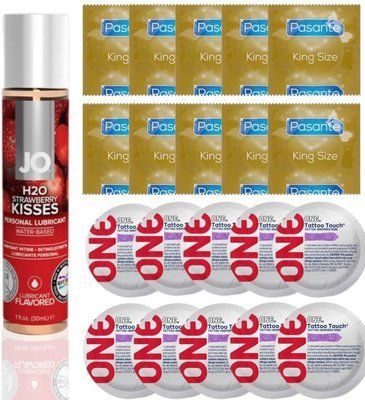 Набір 20 шт Pasante King Size та ONE Tattoo Touch + System JO H2O &mdash; Strawberry Kiss (30 мл) SOS4910 фото