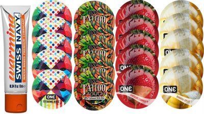 Набор из Swiss Navy Warming 10мл + ONERibs + ONE Tattoo + ONEChocolateStrawberry + ONEBanana SOS8575 фото