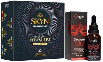Набор из SKYN Pleasures (42 шт) + капли с вибрацией Orgie Orgasm Drops Kissable (30 мл) SOS10035 фото